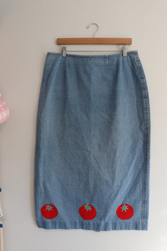 Denim maxi skirt with tomato's LARGE
