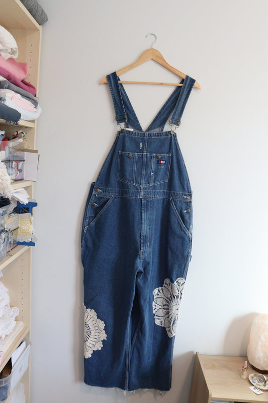 Denim overalls with vintage doiley's XL