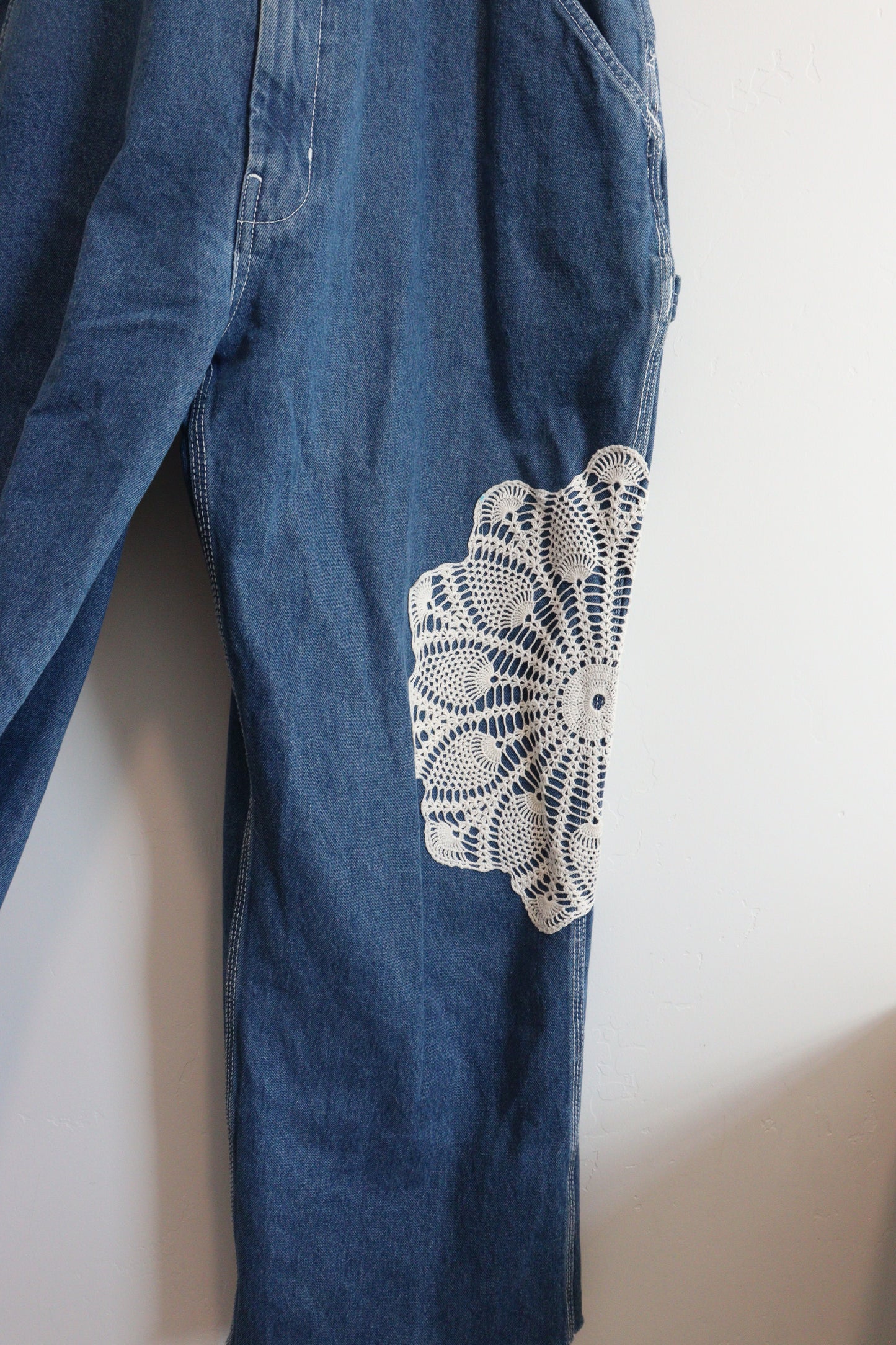 Denim overalls with vintage doiley's XL
