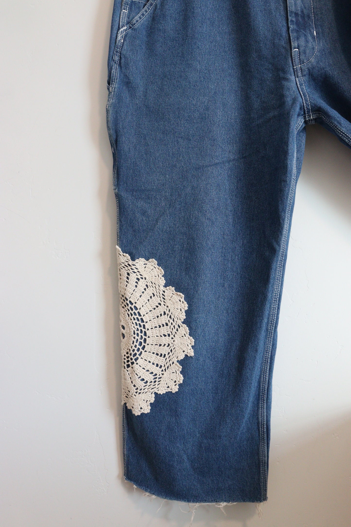 Denim overalls with vintage doiley's XL