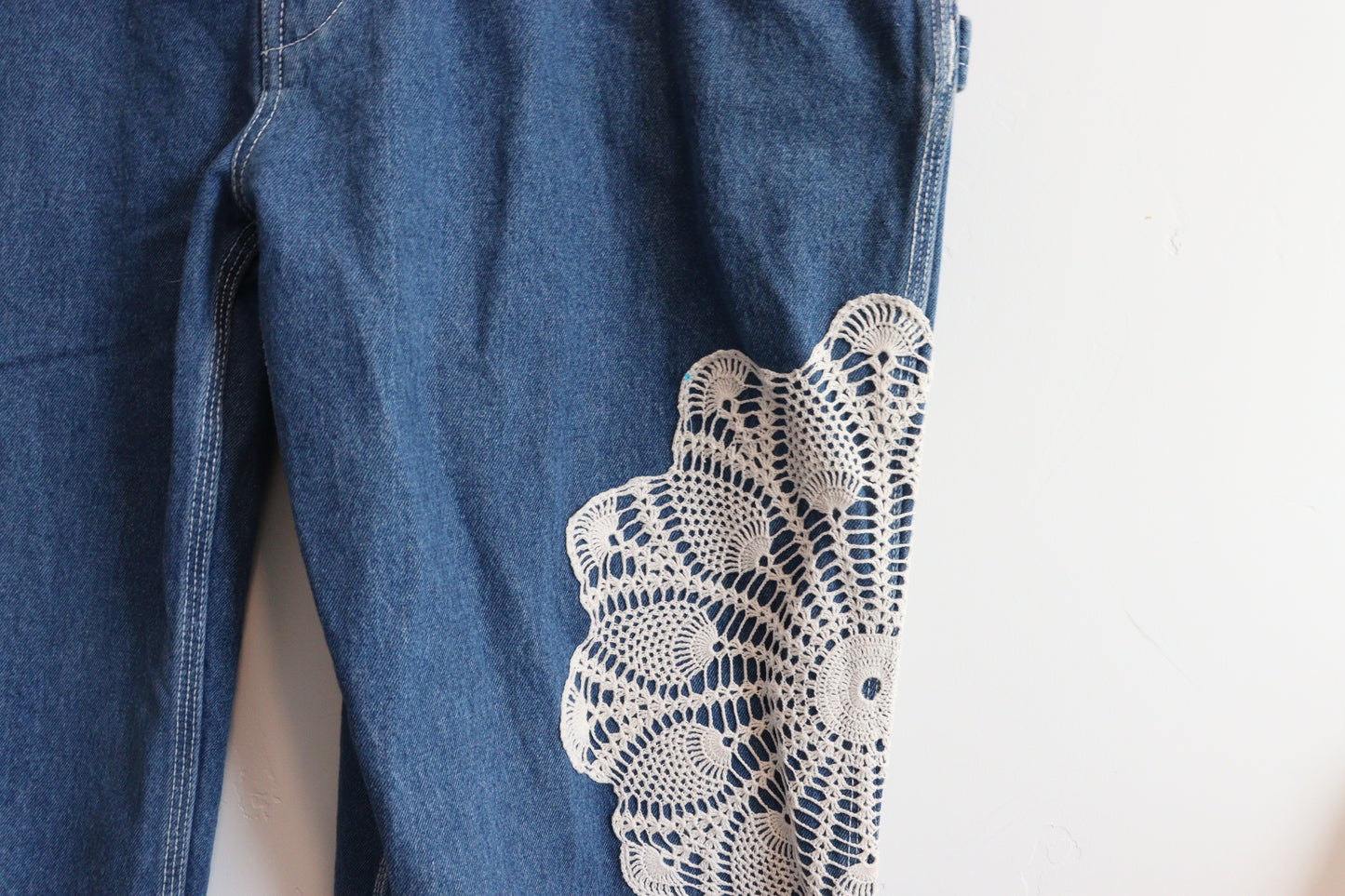 Denim overalls with vintage doiley's XL