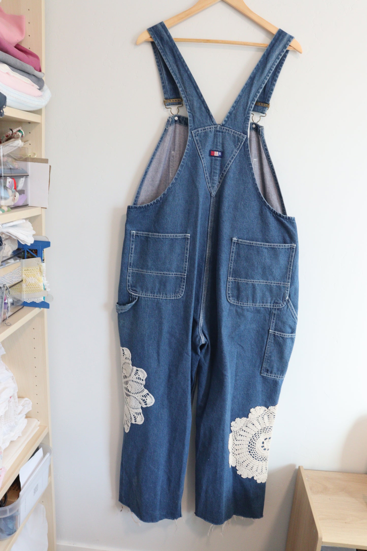 Denim overalls with vintage doiley's XL