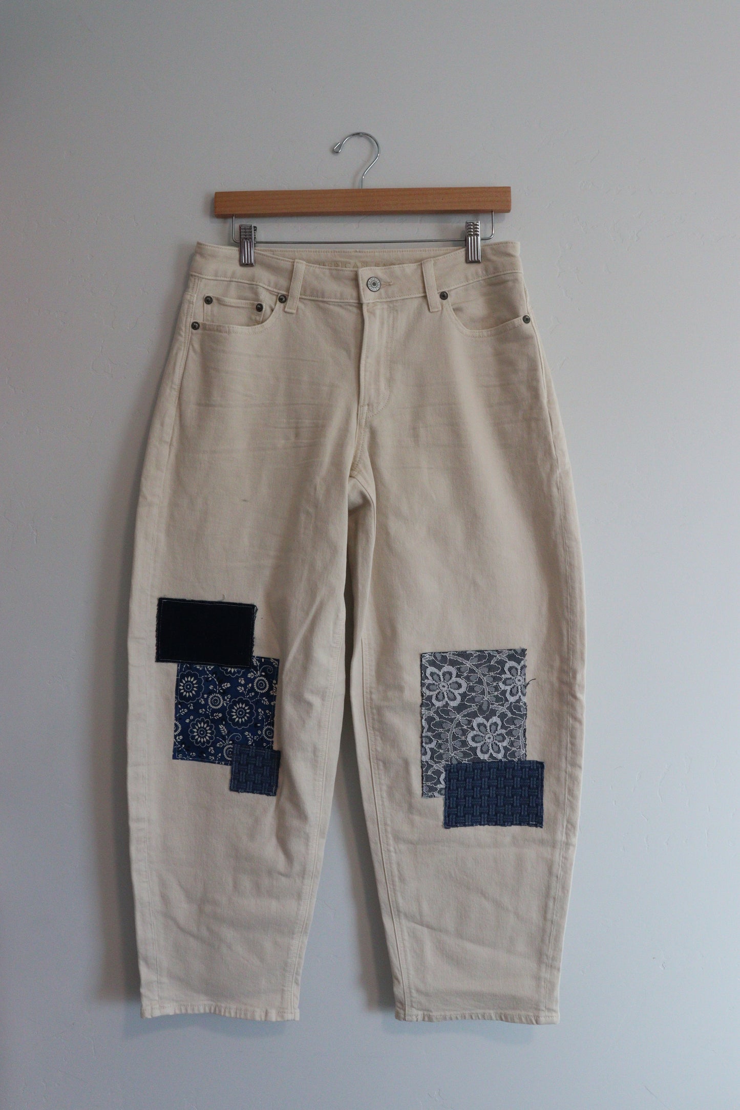 White barrel jean with blue patchwork SIZE 2