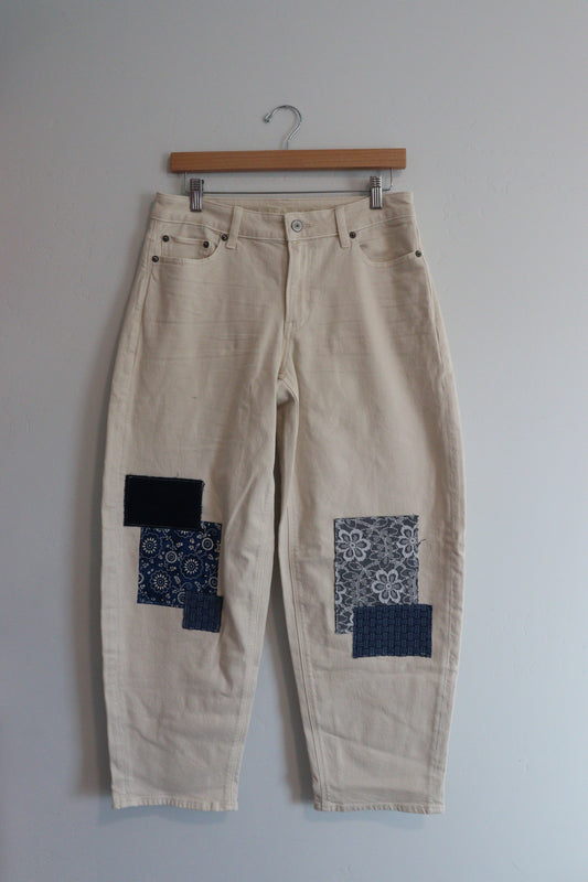 White barrel jean with blue patchwork SIZE 2