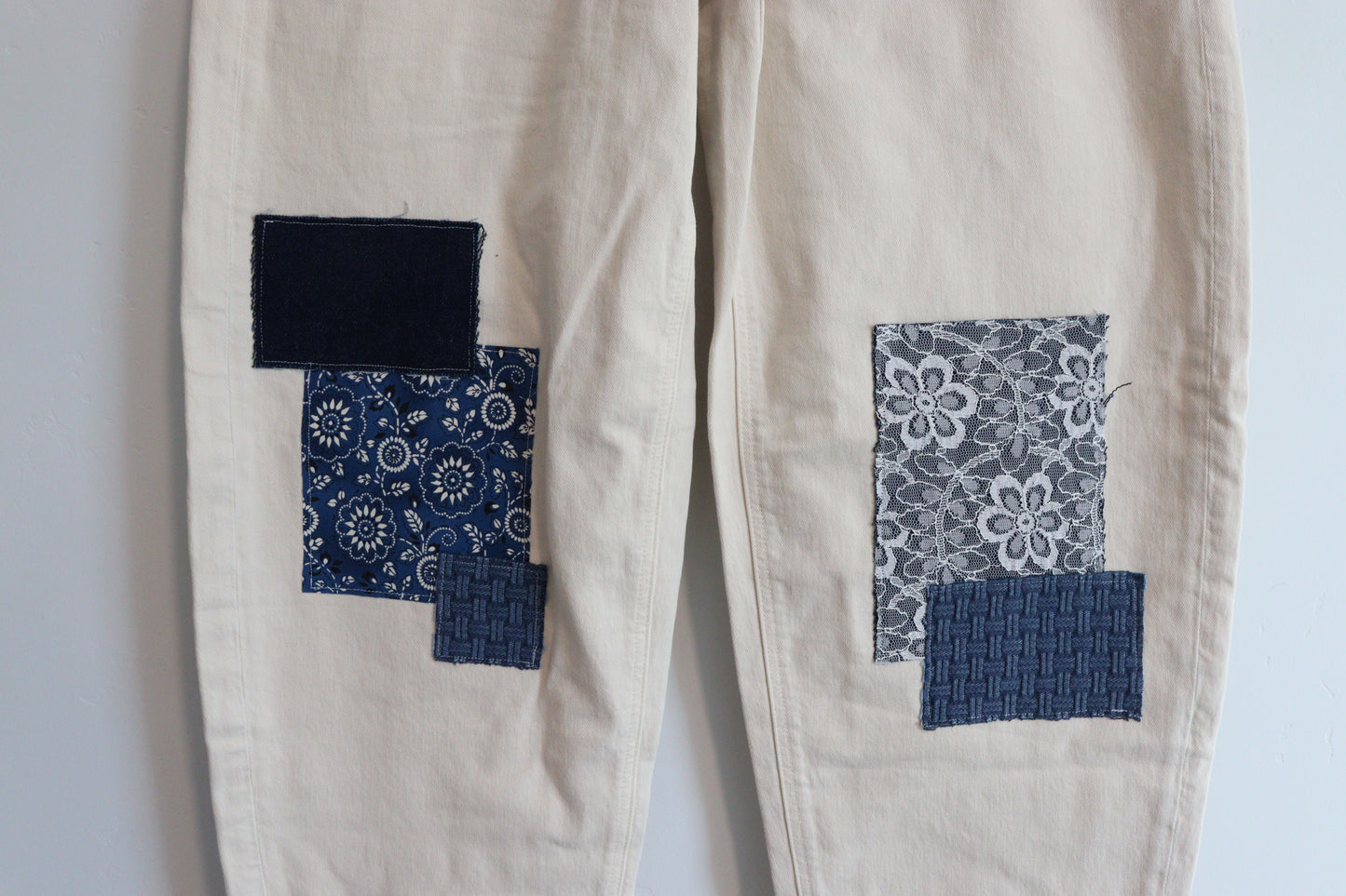 White barrel jean with blue patchwork SIZE 2