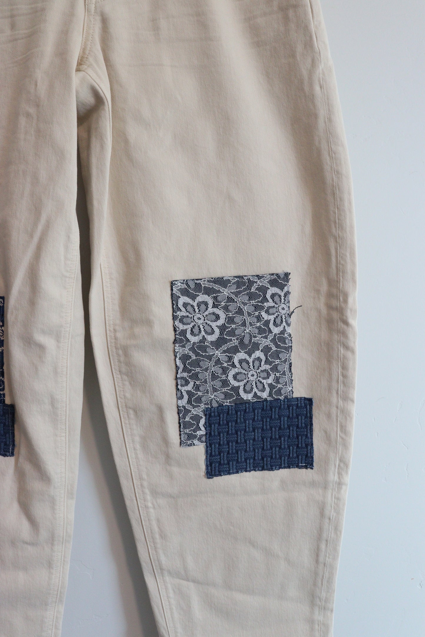 White barrel jean with blue patchwork SIZE 2