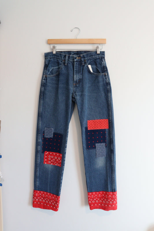 Red & blue patchwork jeans SIZE 28