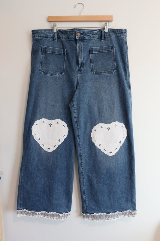 Wide leg jeans with heart doileys SIZE 20